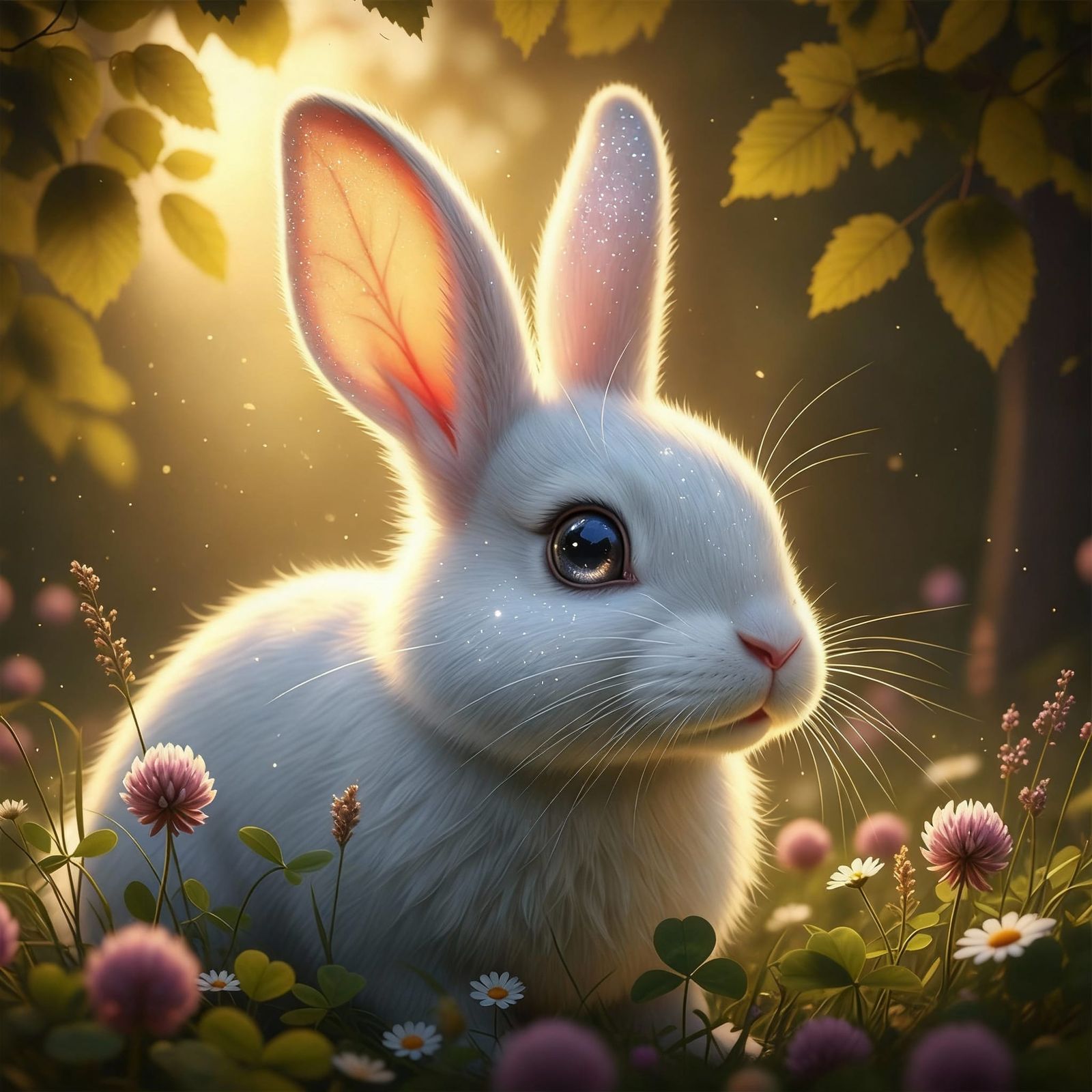 Magical White Bunny in Sunlit Clover Field