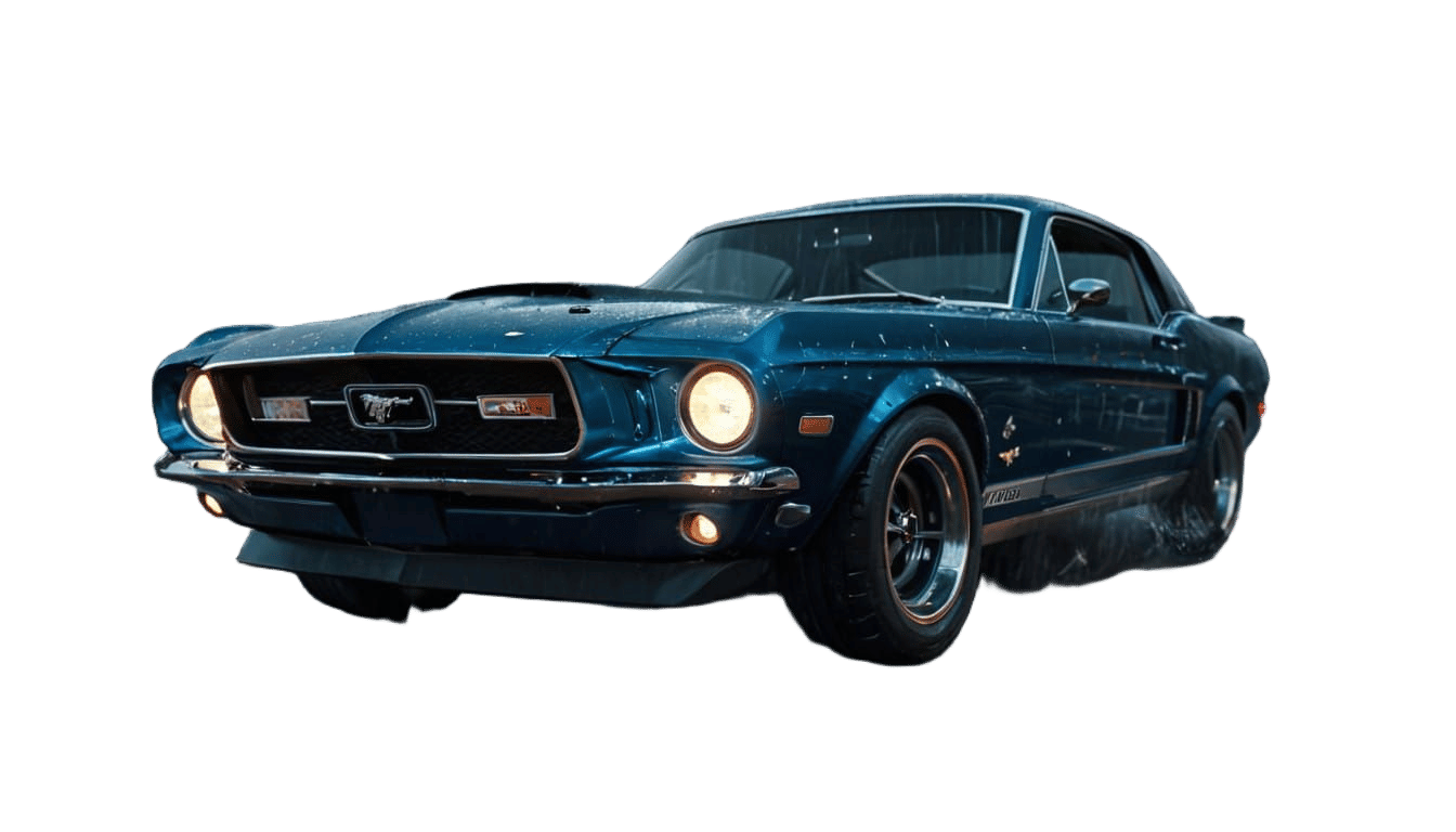 Metallic Blue Ford Mustang on a Rainy City Street