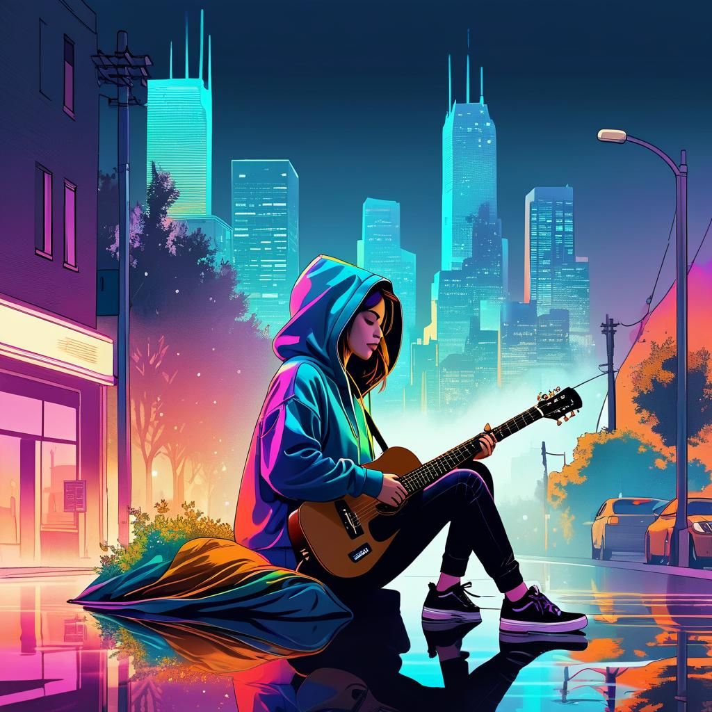 Nebulous Line Art: Woman with Guitar