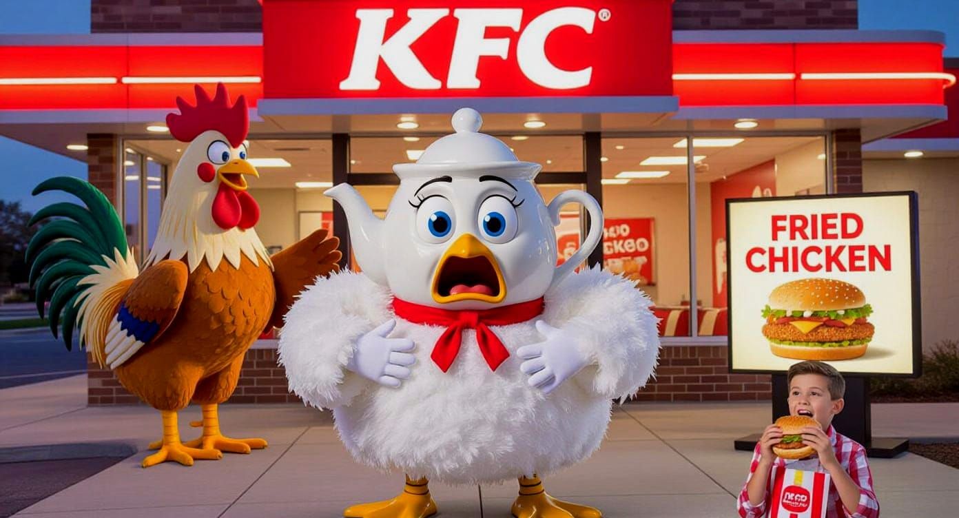 Terrified Teapot in Chicken Costume, Cartoon Style