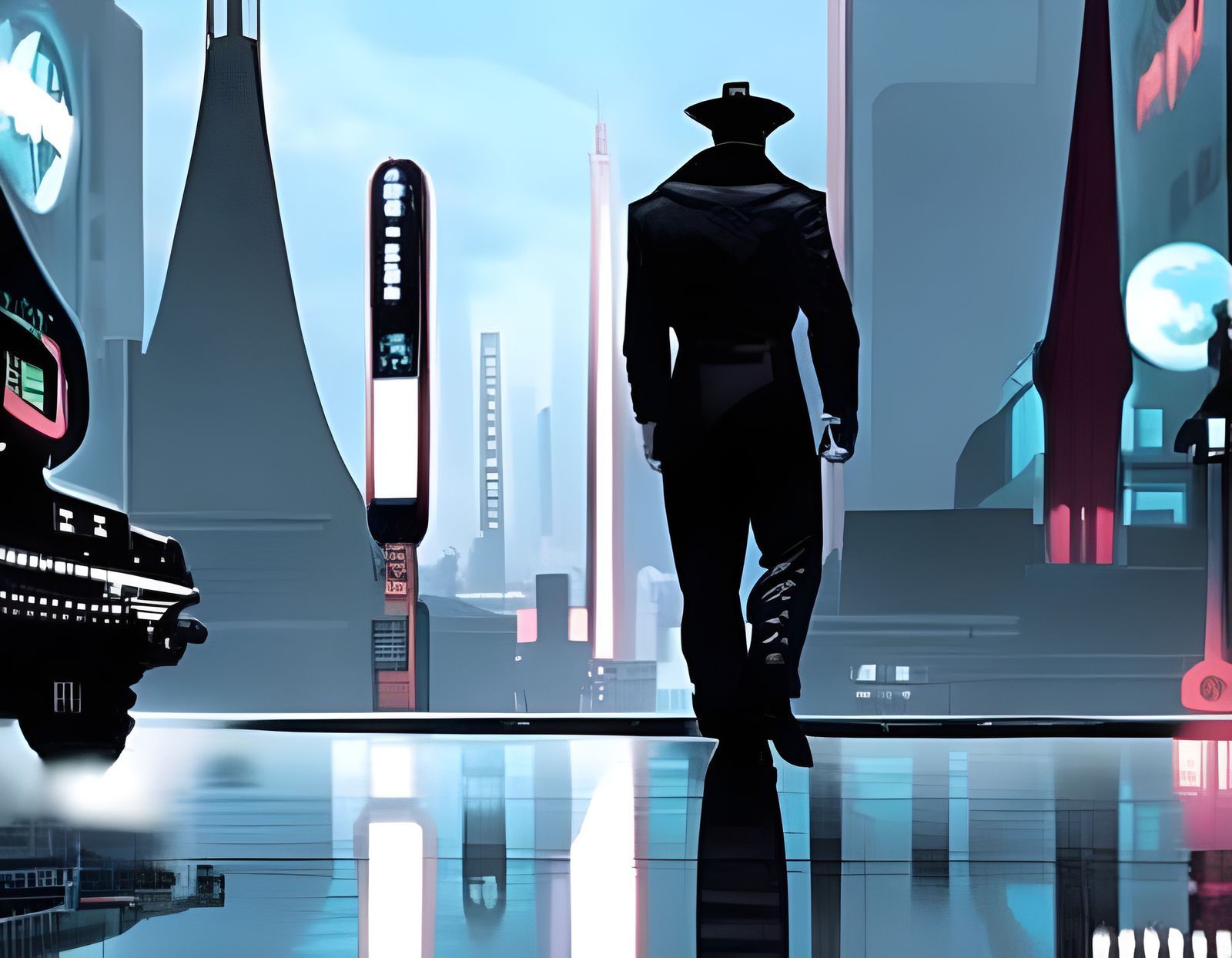 Tech-Noir Detective in Cyberpunk Cityscape