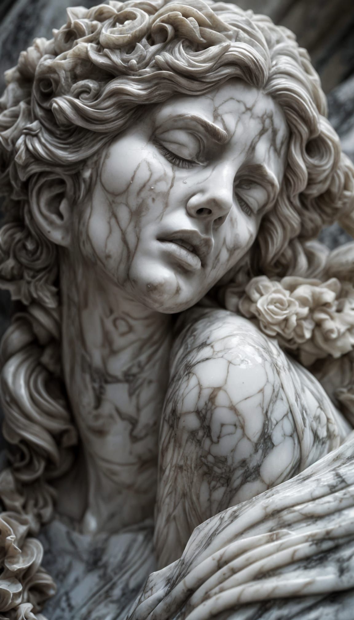 Gritty Marble Woman Crying: Hyperrealistic Close-Up Portrait