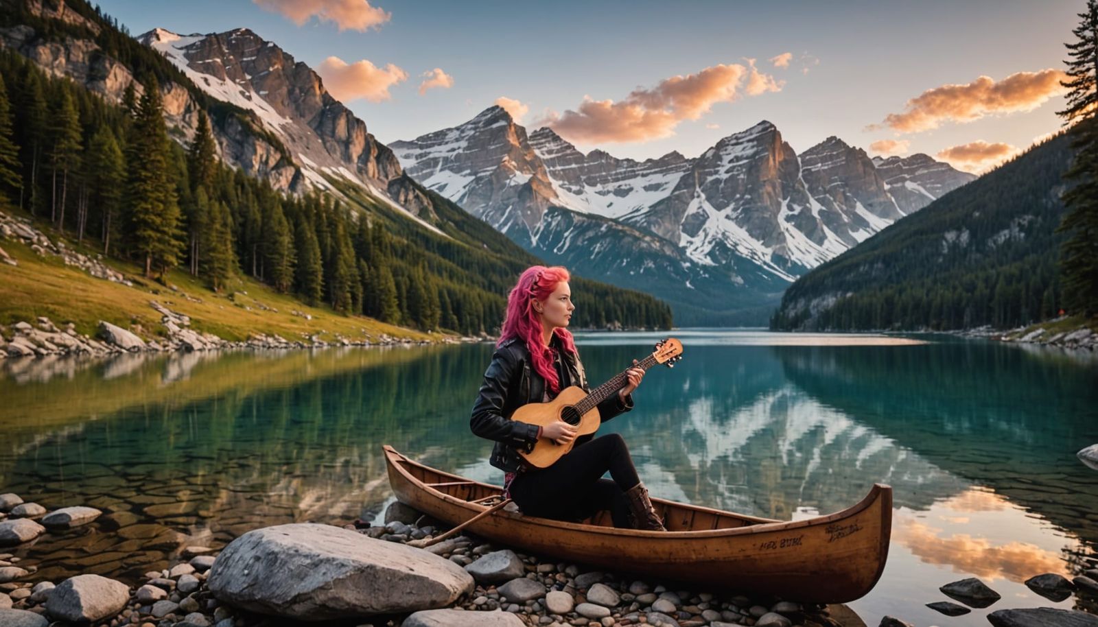 Alpine Lake Twilight Scene with Rockabilly Girl