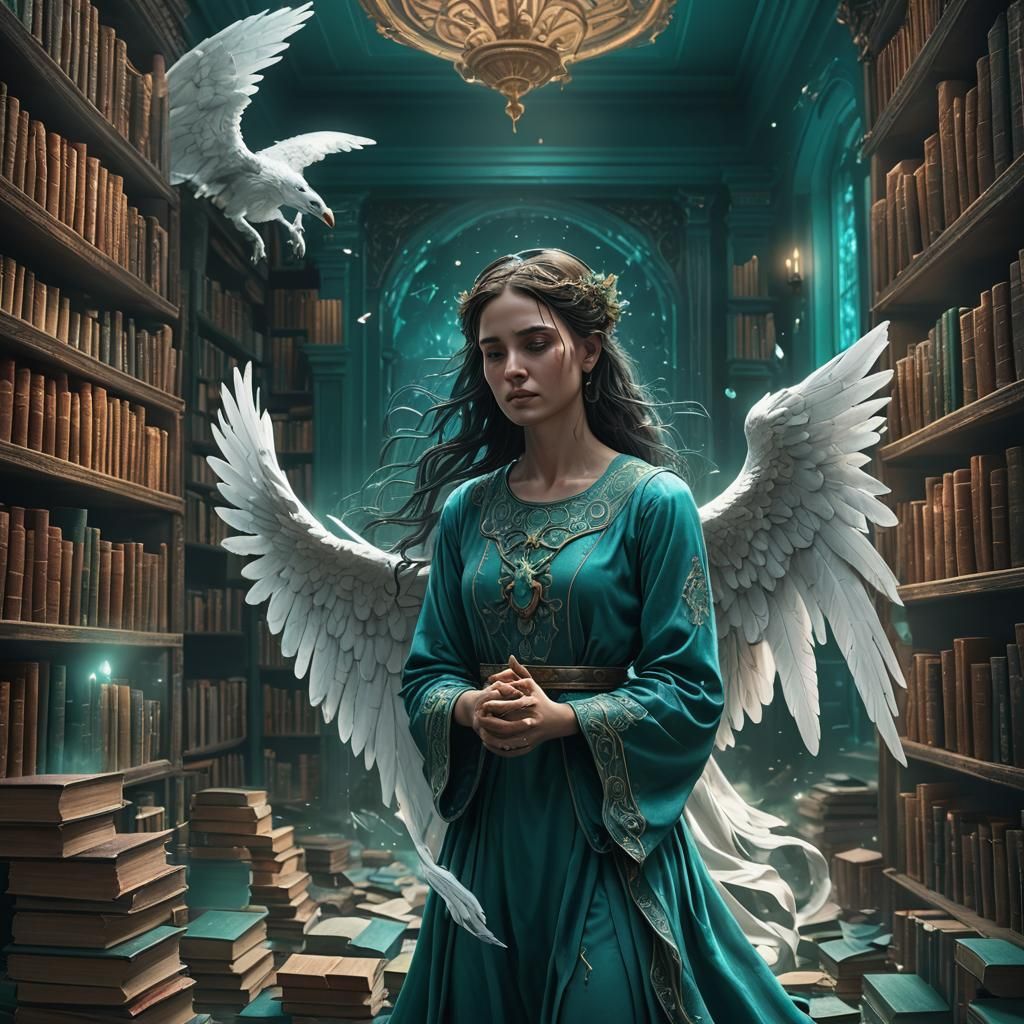 Surreal Angel Weeps in Teal Book Sanctuary with Ghost Compan...