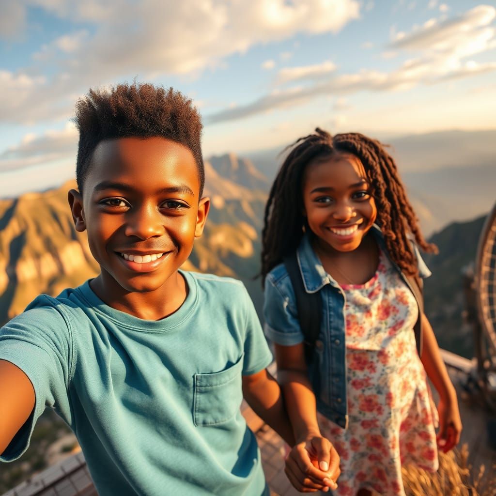 Joyful Selfie of Two Children at Mountain Viewpoint