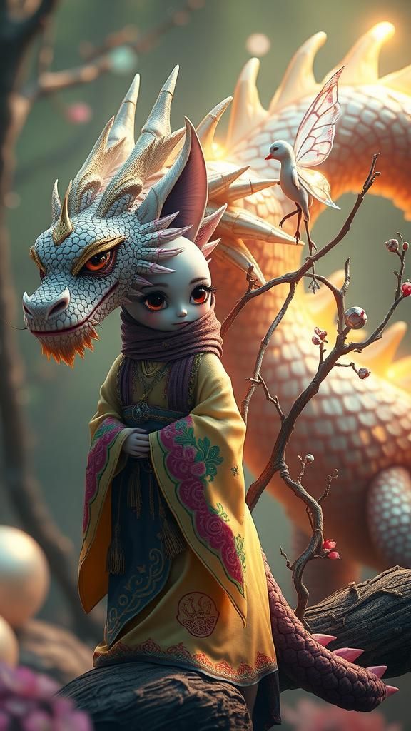 Mystical Tellytubby and Dragon in Dreamlike Realm