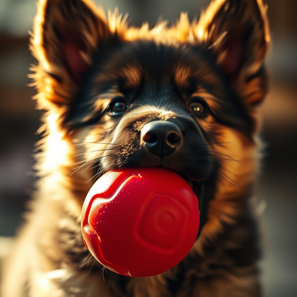 German Shepherd Puppy Plays with a Red Ball in Warm Golden L...