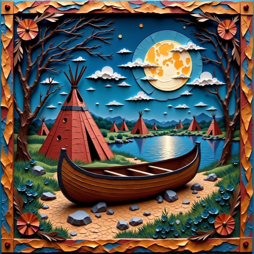 Native American Canoe on a Shore under a Papercut Moonlit Sk...