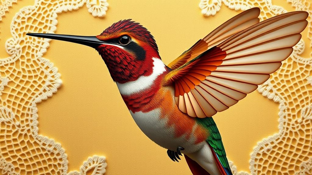 Hyperrealistic Hummingbird in Gold and Silk