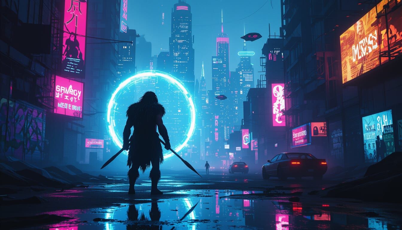 Prehistoric Man in Dystopian Neon City