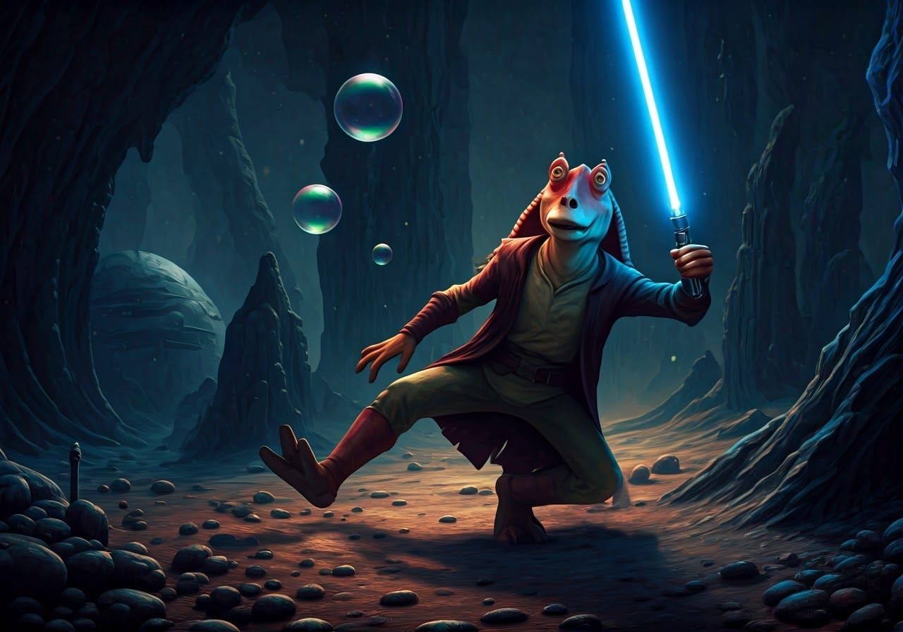 Comedic Gungan Rebel in Alien Landscape