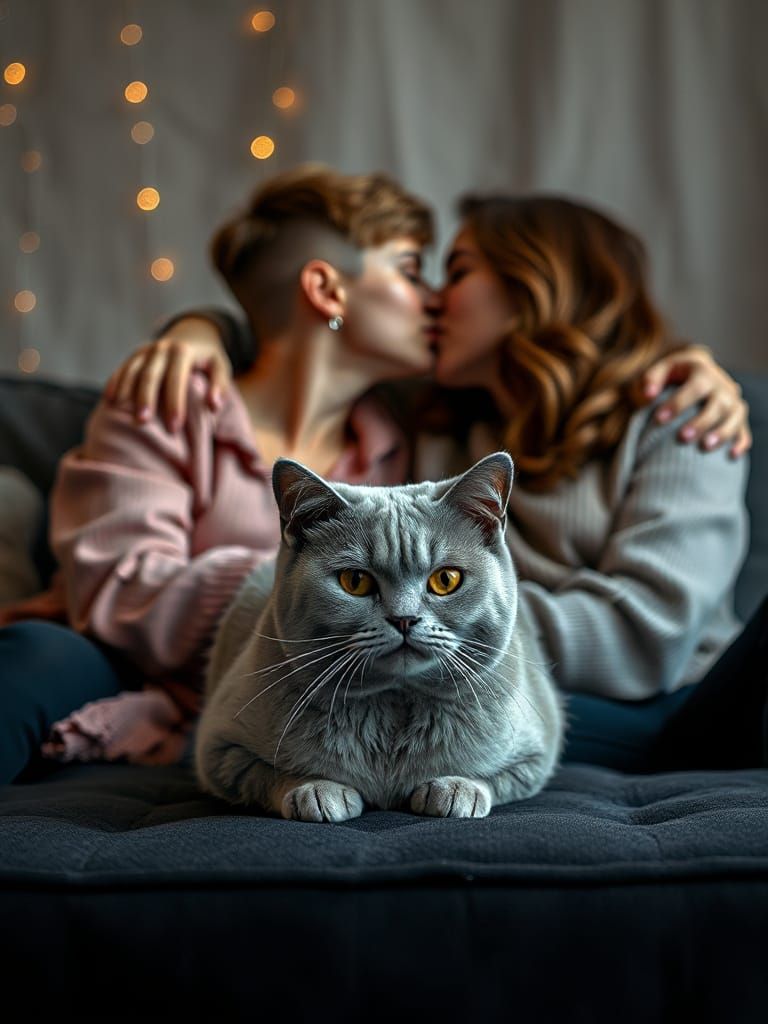A realistic photo closeup of two hugging kissing lesbian women sitting on a sofa. Focus on the lesbians. Bokeh a realist...