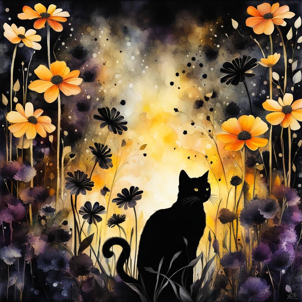 Black Cat in a Magical Black Flower Garden
