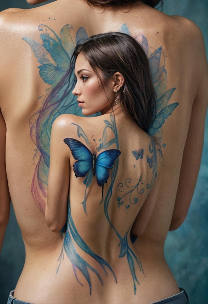 Colorful Fairy and Butterfly Tattoo Close-Up Portrait