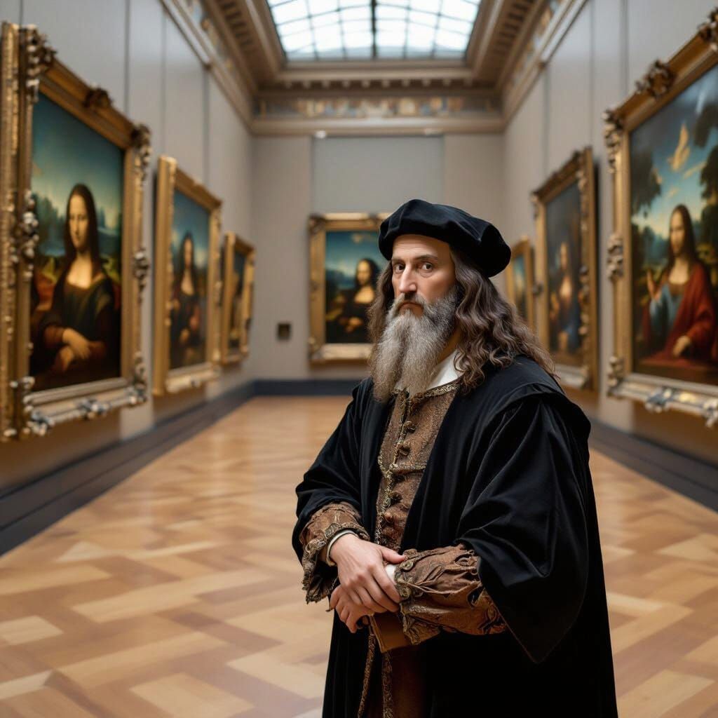 Da Vinci Amazed by His Art in a Grand Gallery