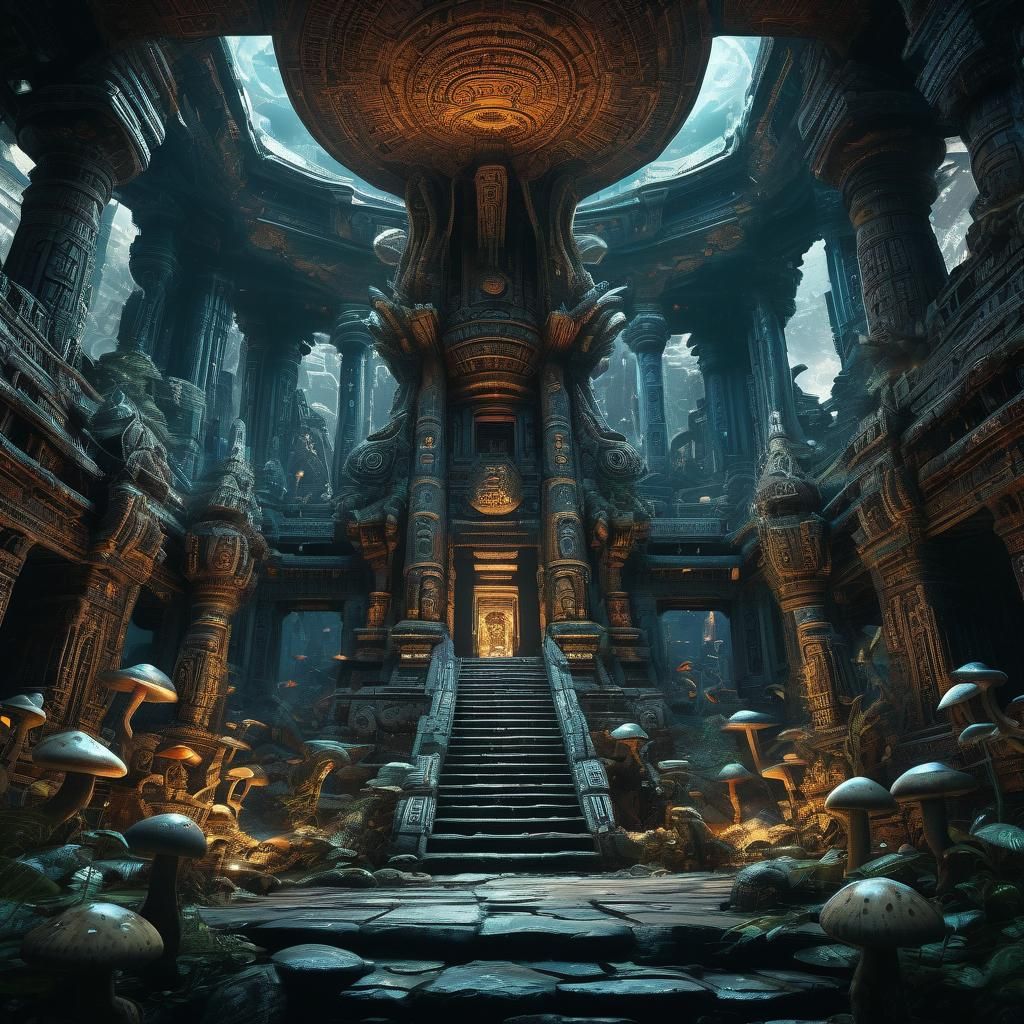 Alien in Ancient Temple: Traumreisen-Inspired Concept Art