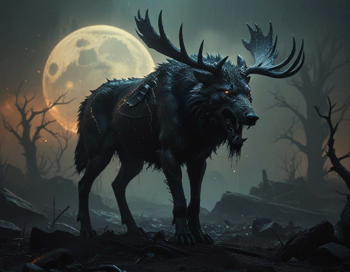 Dark Fantasy Wolf in Eerie Wasteland
