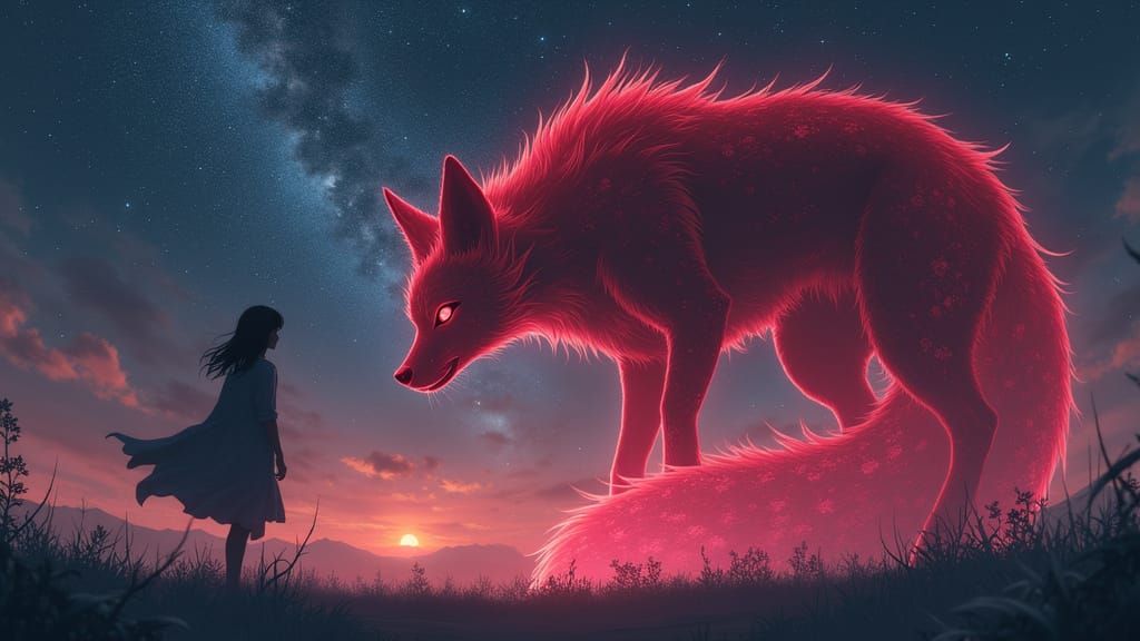Ethereal Anime Goddess Confronts Celestial Fox in Cosmic Nig...
