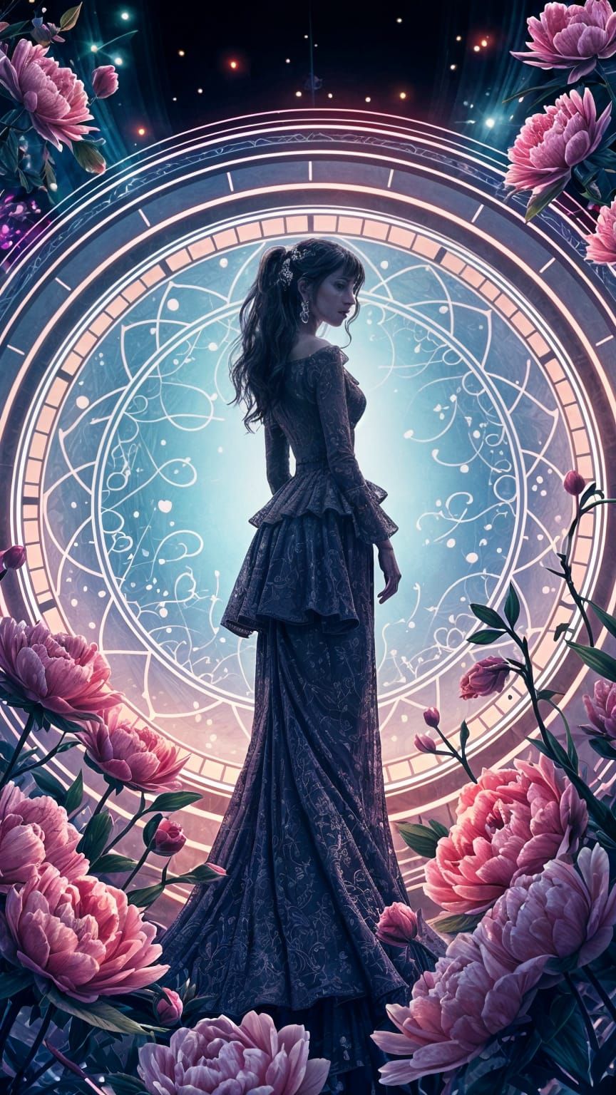 Surreal Fantasy Scene with Pearls and Peonies in a Glowing D...