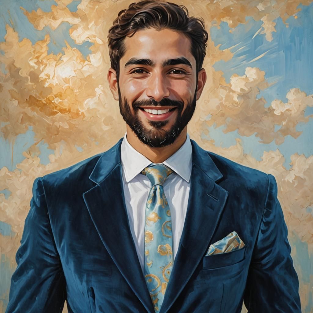 Smiling Man in Blue Velvet Suit, Impressionist Portrait