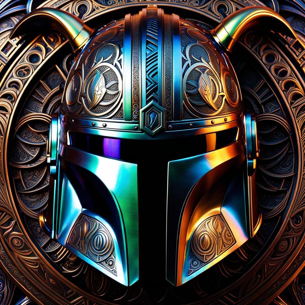Iridescent Viking Mandalorian Helmet in Psychedelic Style