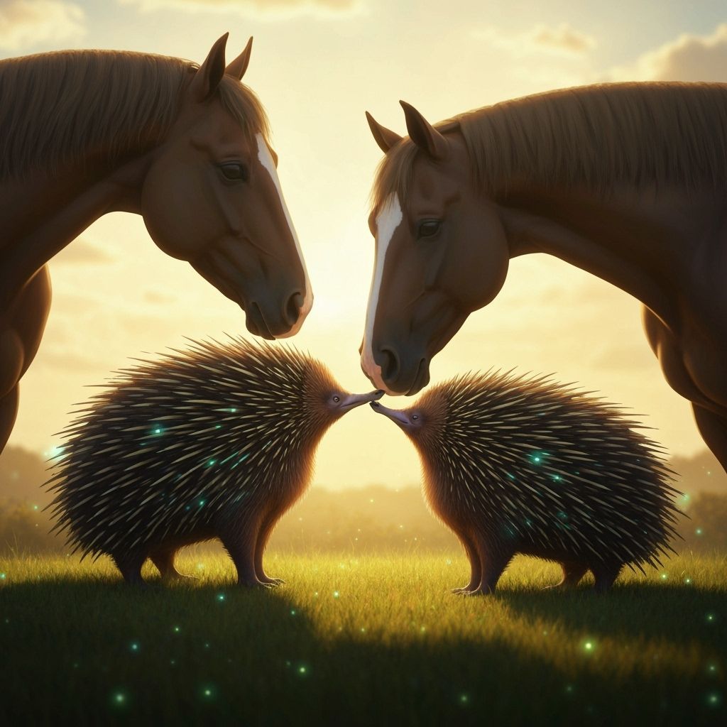 Bioluminescent Echidnas Nuzzle Horses in Magical Dawn Meadow