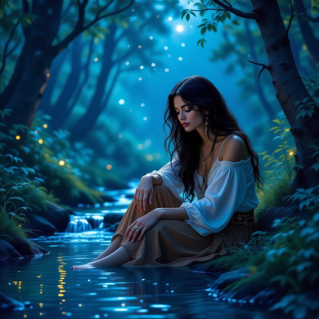 Empathetic Hippie Woman Lost in Starlit Forest