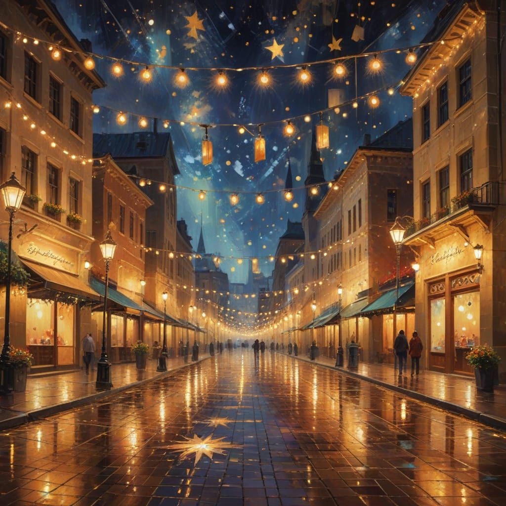 Starfall Night City Square Illuminated by Lights