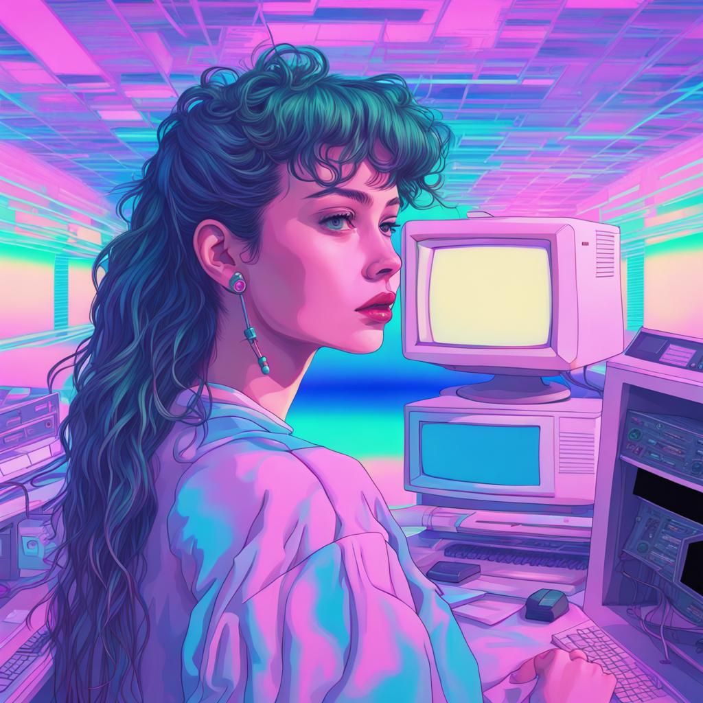 Girl with 90's PC in Vaporwave Style