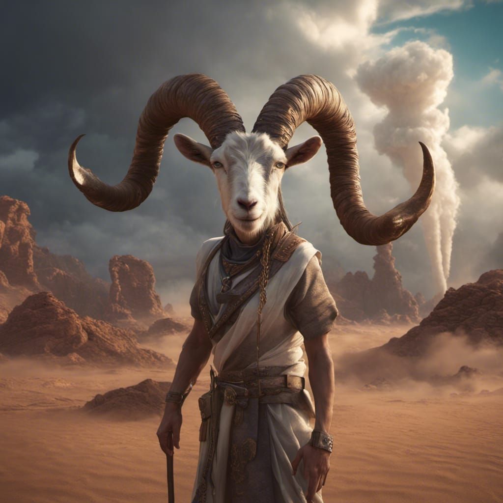 Goat-Horned Figure in Desert Landscape, Fantasy Art