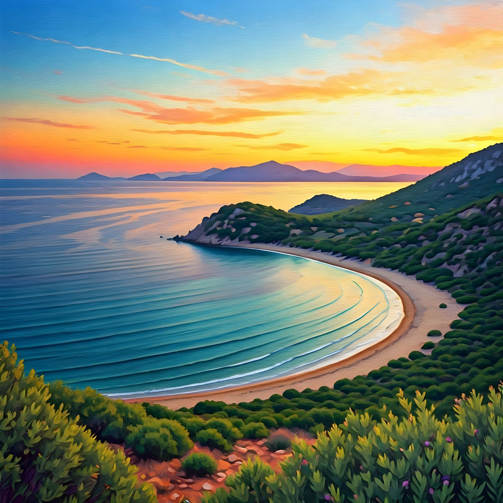 Surreal Watercolor Painting of Voidokilia Beach at Sunset