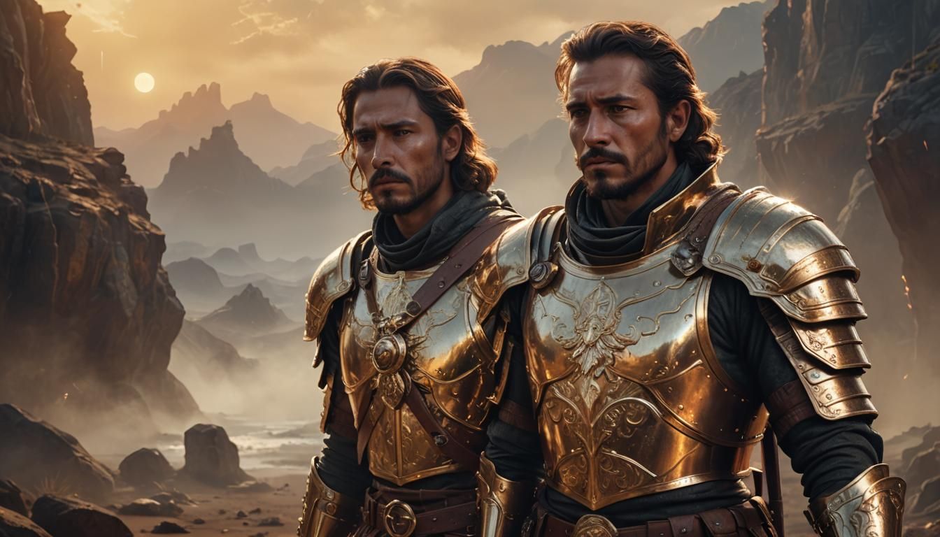 Futuristic Conquistador Gazing at Gold Treasure