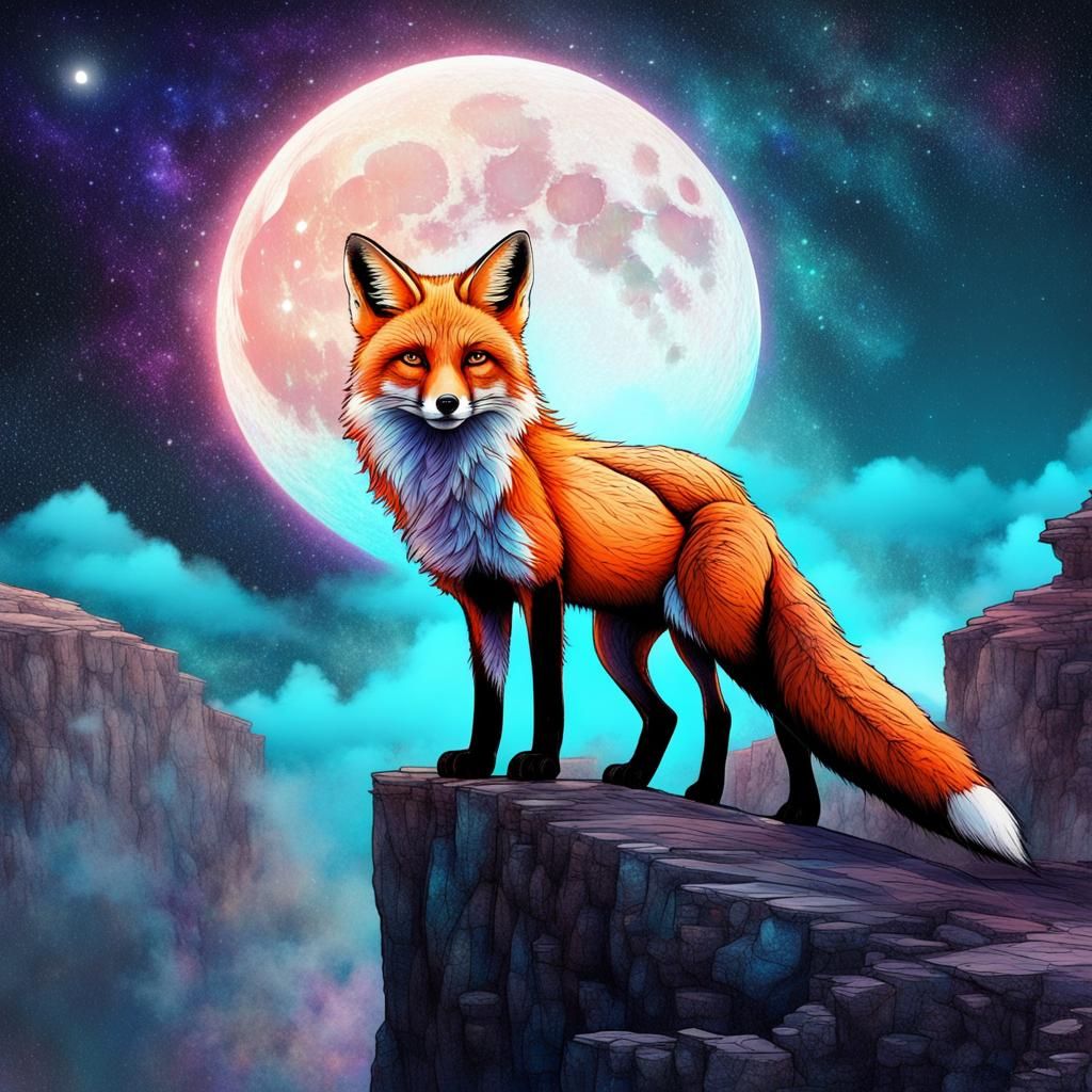 Majestic Cosmic Fox Under Moonlight: Astral Illustration