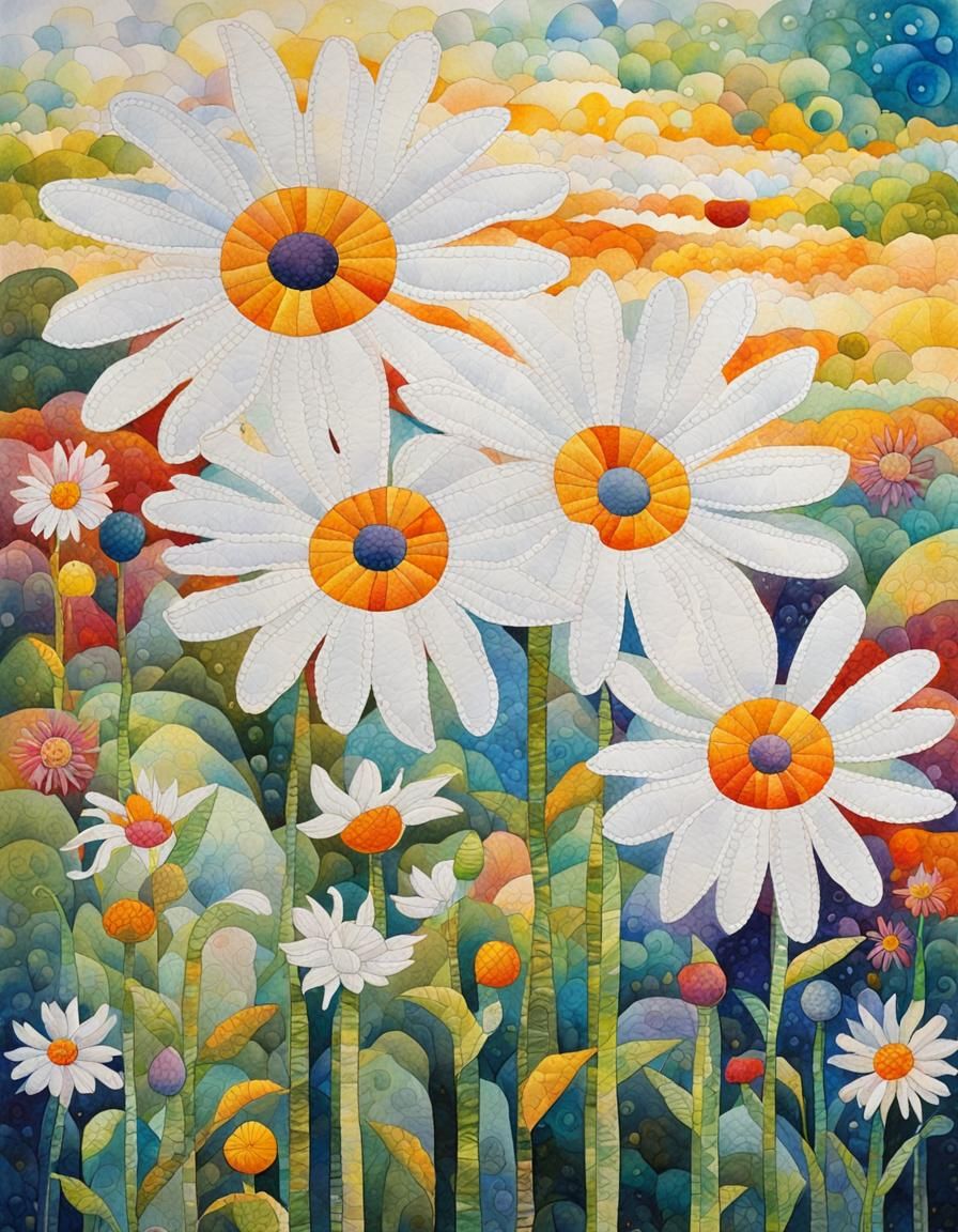 Vibrant Watercolor of Quilted White Cape Daisies