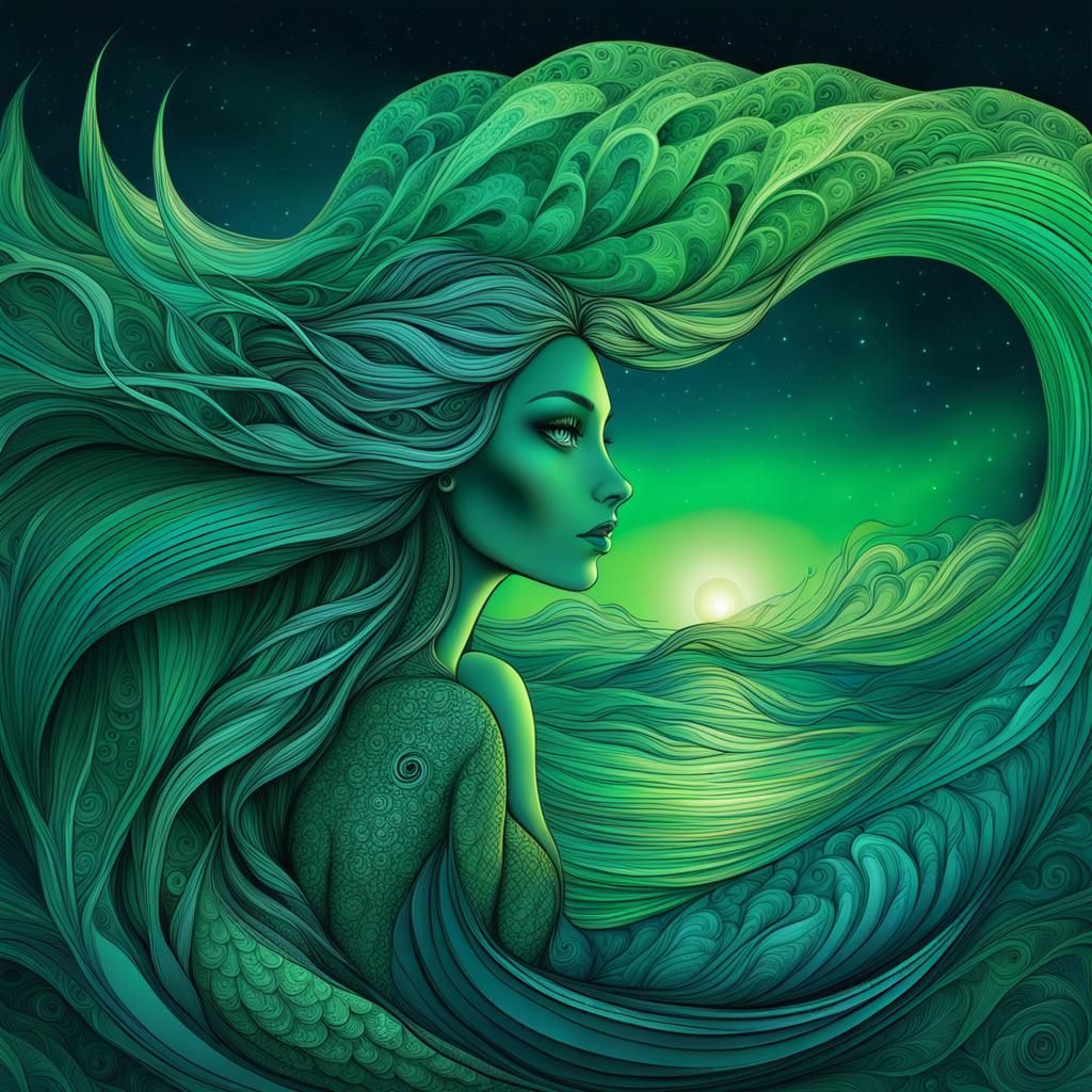 Green Mermaid Observes Northern Lights, Abstract Style