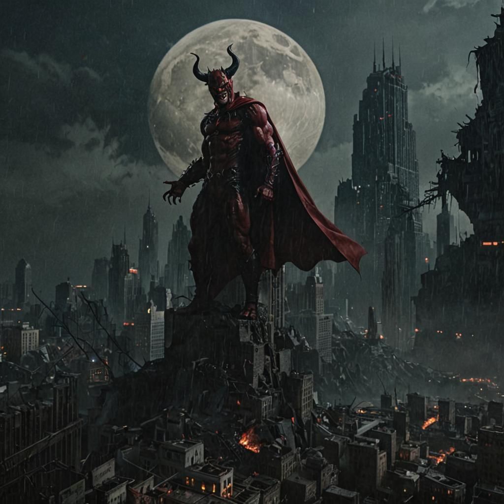 Grinning Devil in Ruined City: Dark Horror Photo