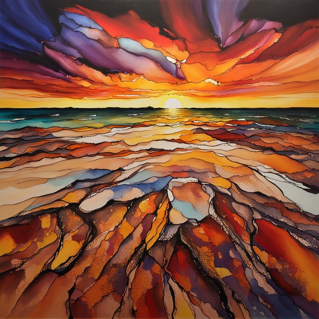 Ningaloo Coast Sunset in Alcohol Ink Style