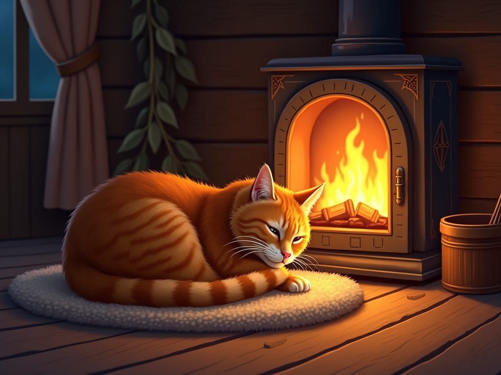 Cozy Cat Nap by Fireplace in Rustic Cabin
