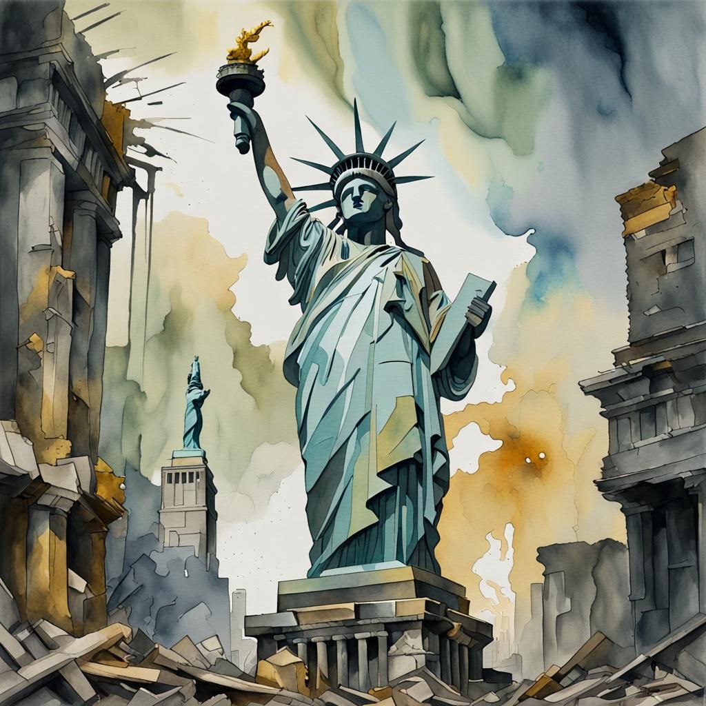 Dystopian Statue of Liberty in Watercolor Ruins