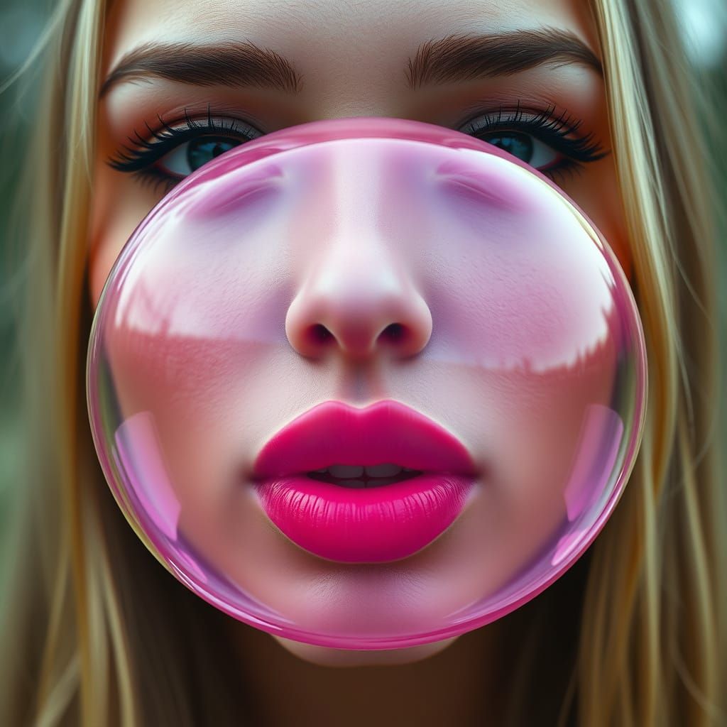 Fantastical Close-Up of a Pretty Woman Blowing a Giant Pink ...