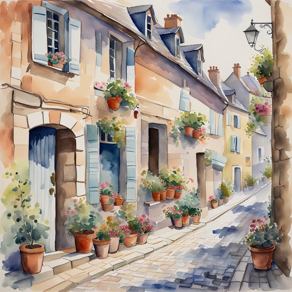Idyllic French Village in Watercolor Style