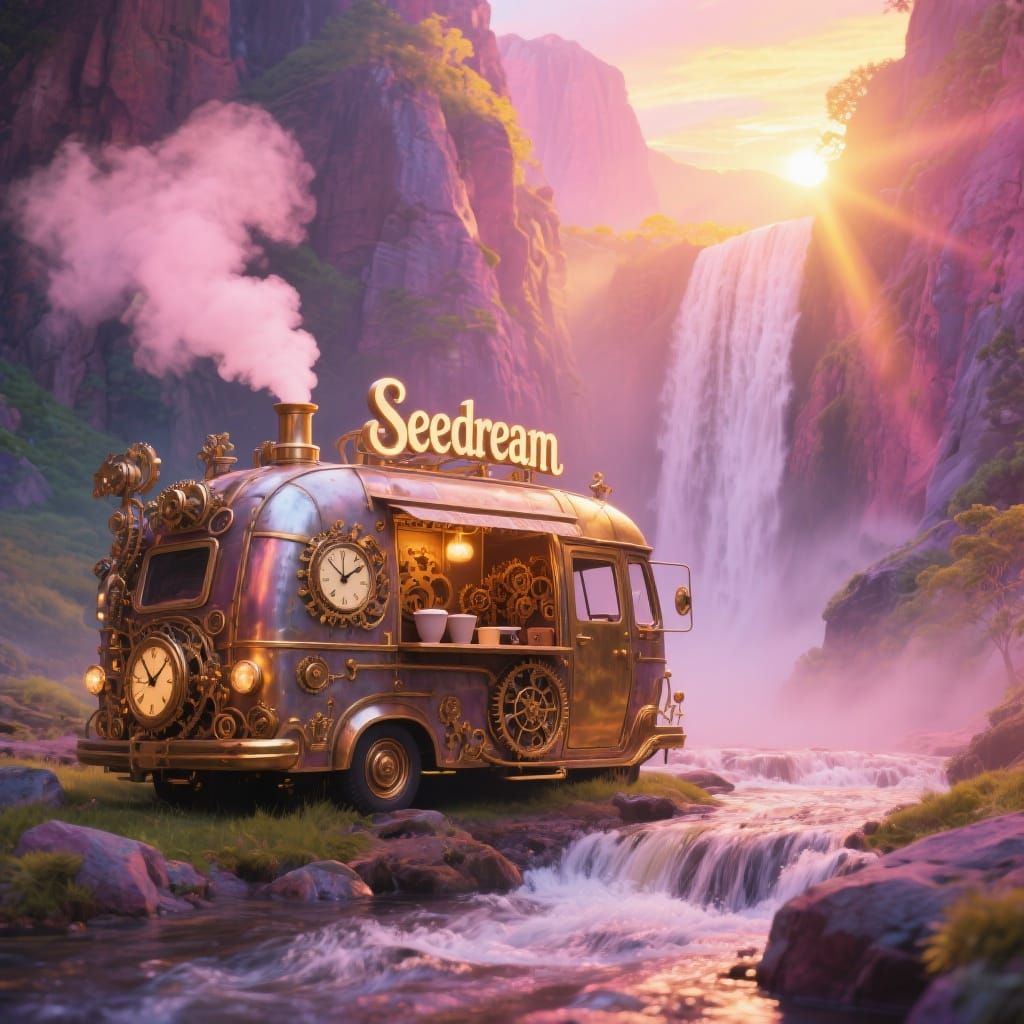 Steampunk Coffee Van in Sun-Dappled Canyon