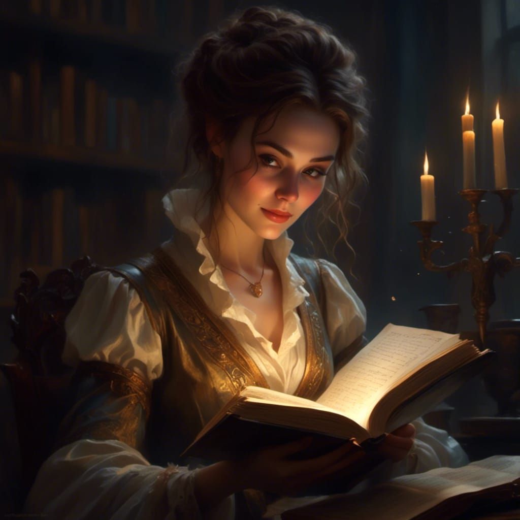 Sorceress Reading Spellbook in Arcane Library