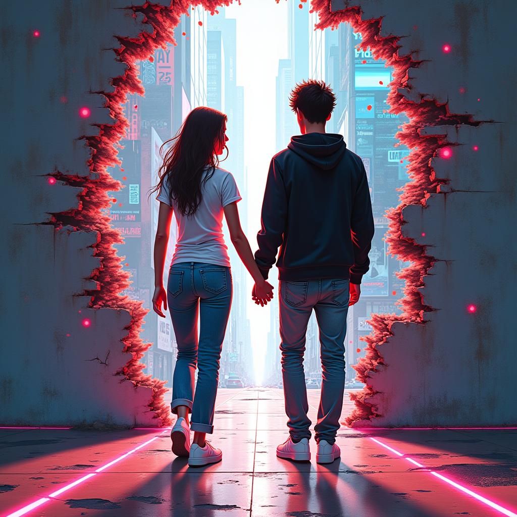 Couple Breaking Through Digital Wall into Cyberpunk City