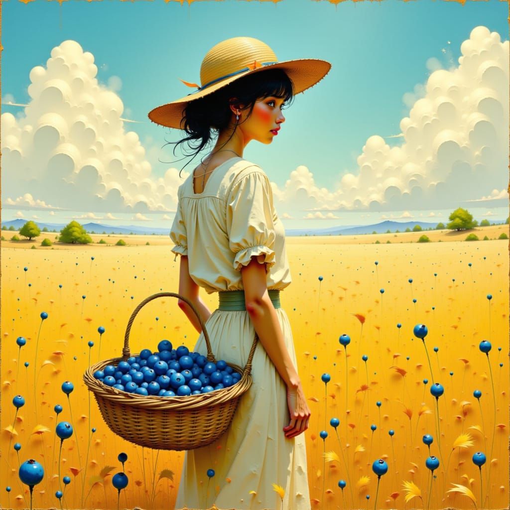 Woman with Blueberries in Golden Field, Whimsical Art