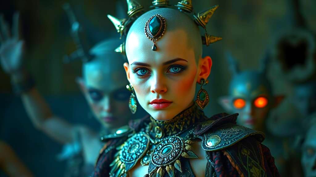 Dystopian Fantasy Woman with Horns and Blue Eyes