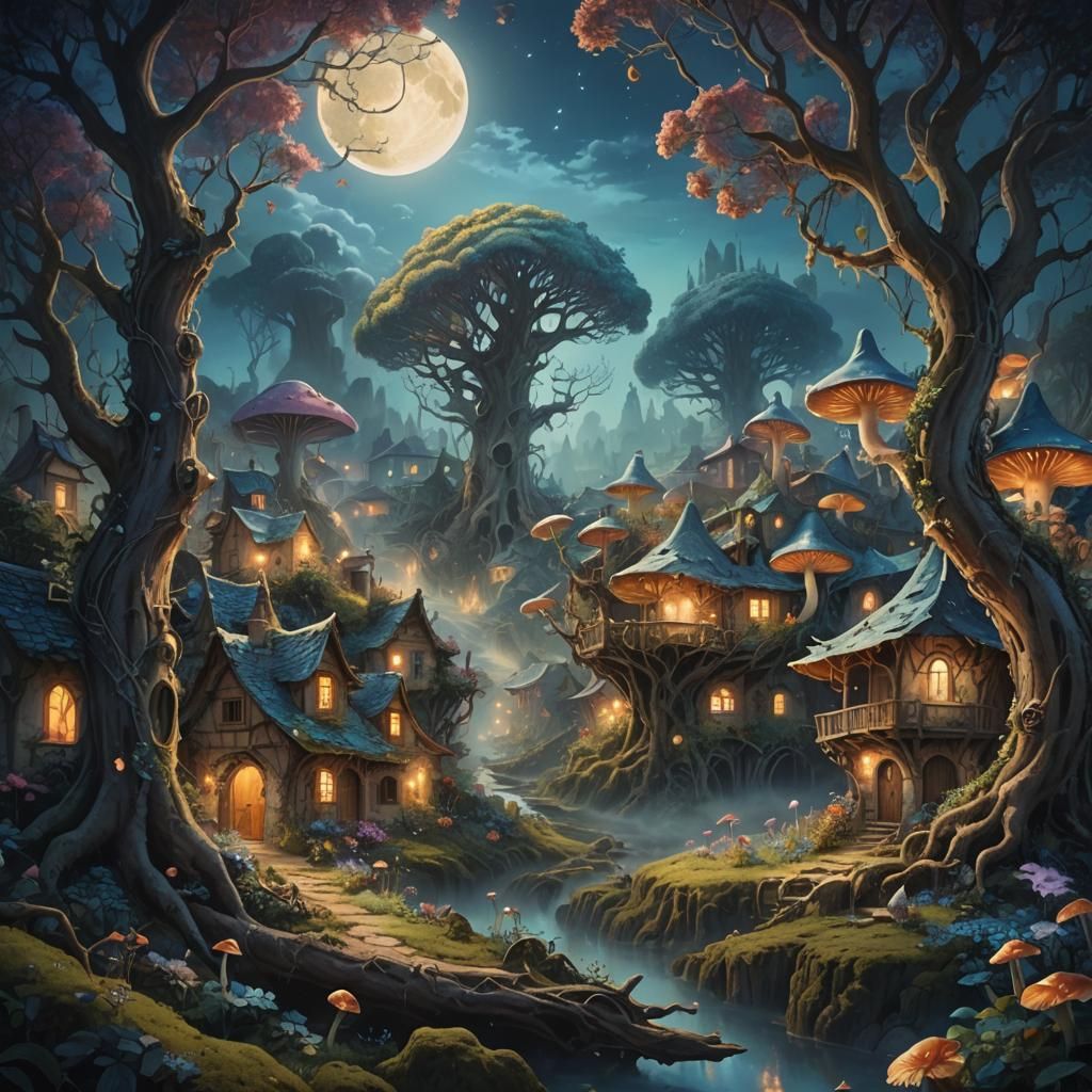 Mystical Forest Village Under Ethereal Moon