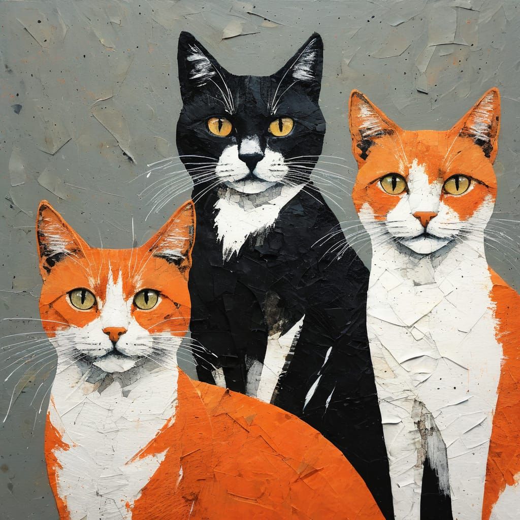 Orange Cat Family Portrait in Naive Art Style
