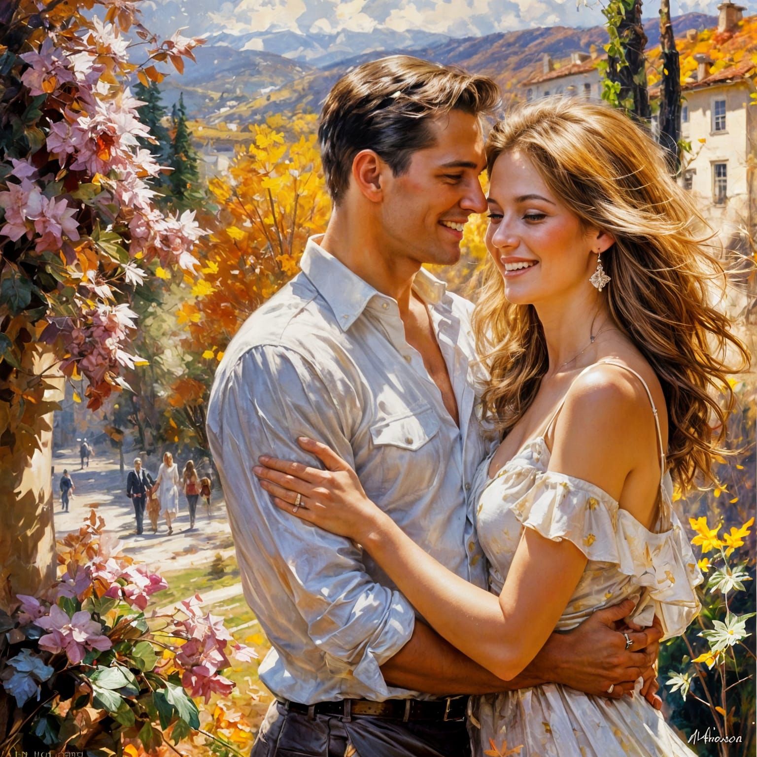 Romantic Couple Embracing in Autumnal Sunlight