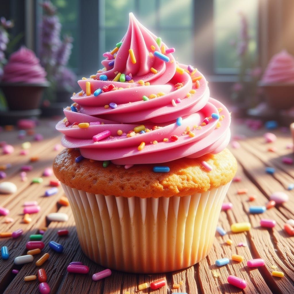 Whimsical Vanilla Cupcake with Rainbow Sprinkles on Wooden T...